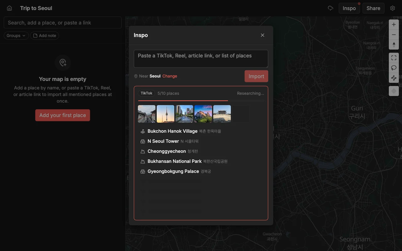 Places importing every spot from a TikTok link, several found at once