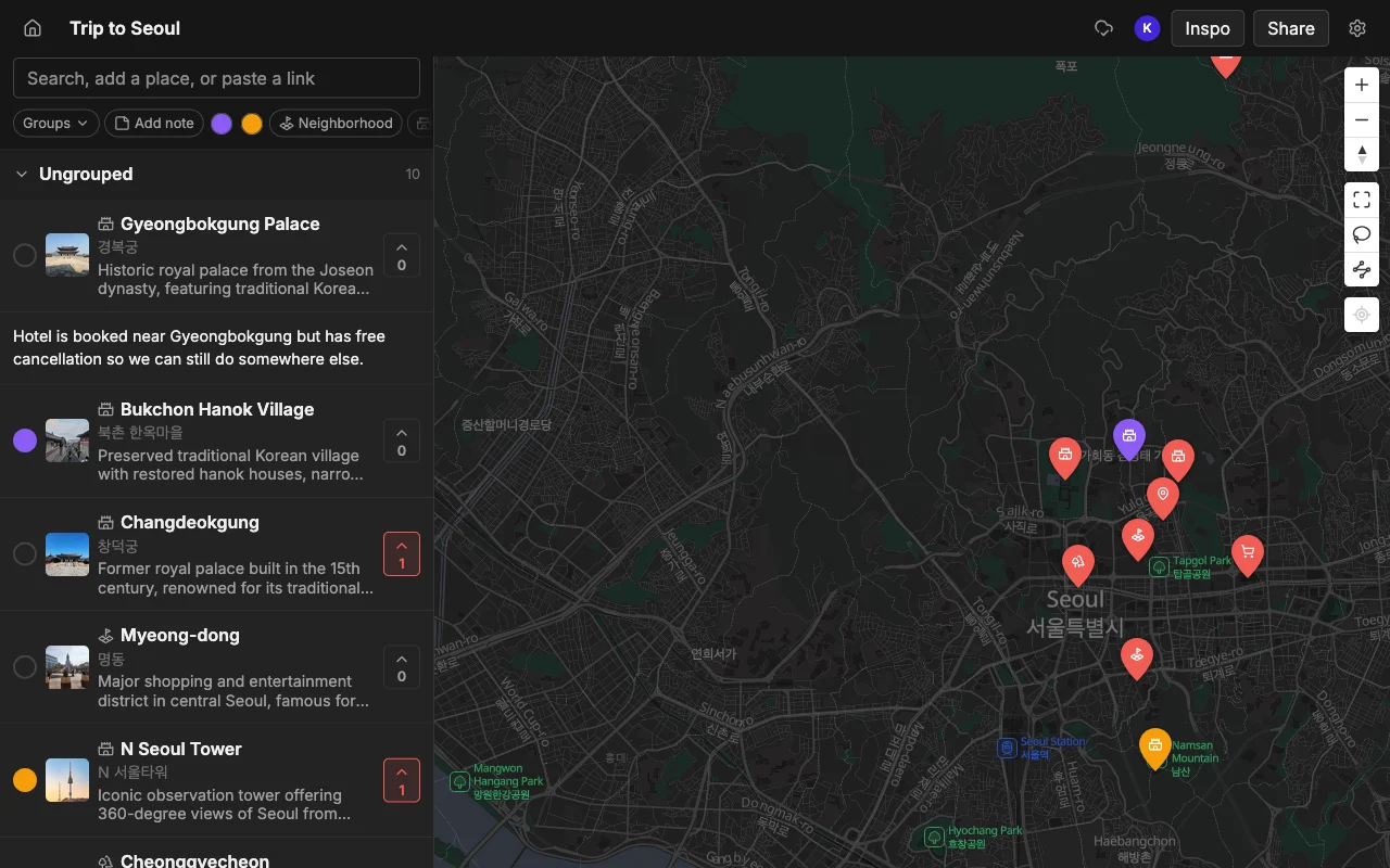 A shared Places map with spots showing photos, notes, colors, and vote counts beside the pinned map