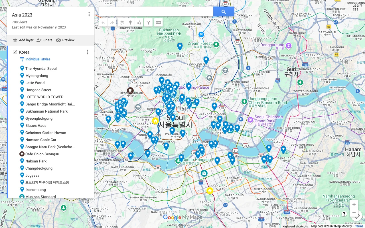 Google My Maps open on a desktop, showing a layer's place list beside a map of pins