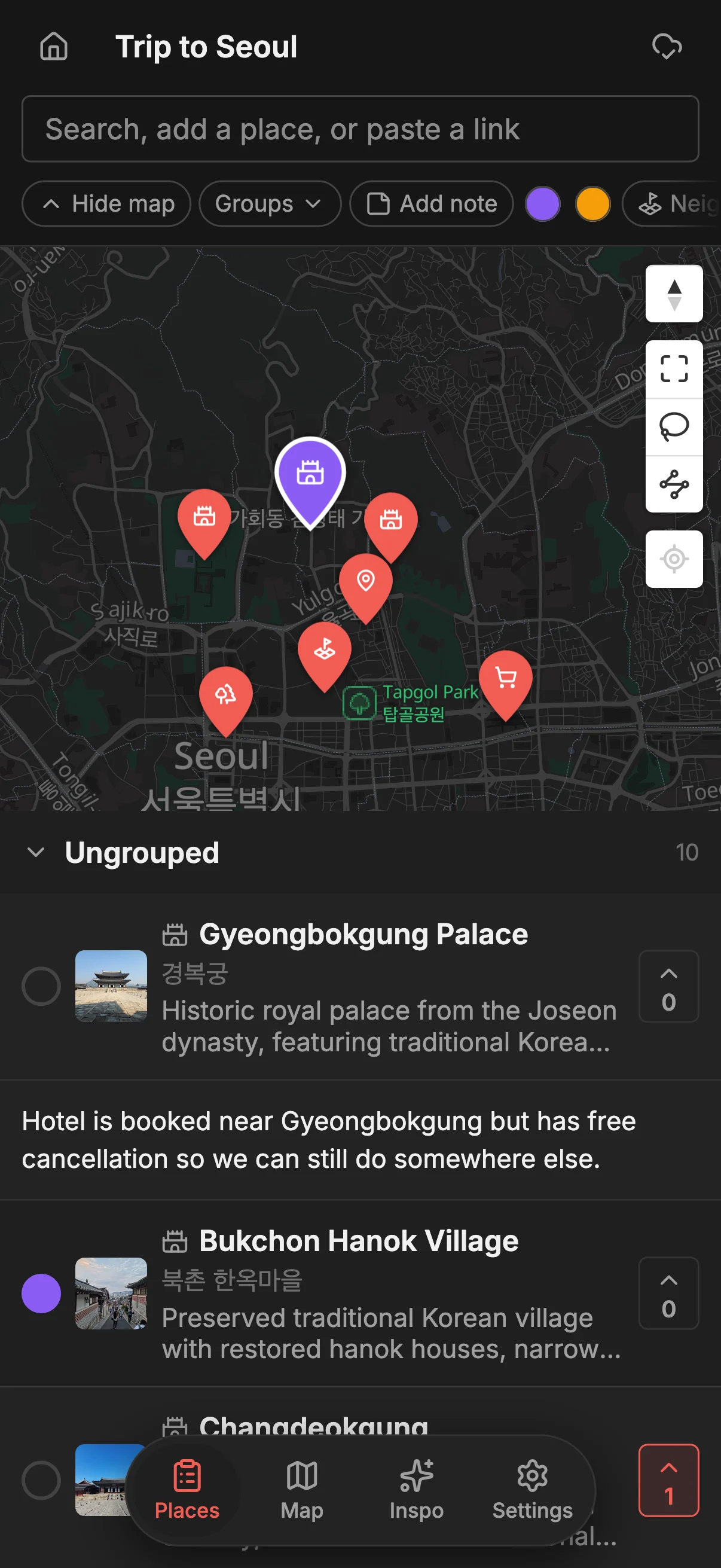 A Places map for a Seoul trip: saved spots with notes and votes beside a map of colored pins.
