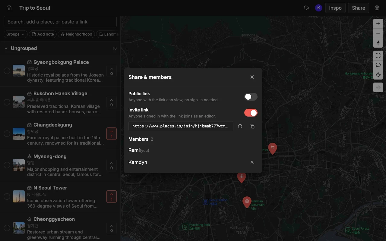 Sharing a Places map with members, like a shared doc for places