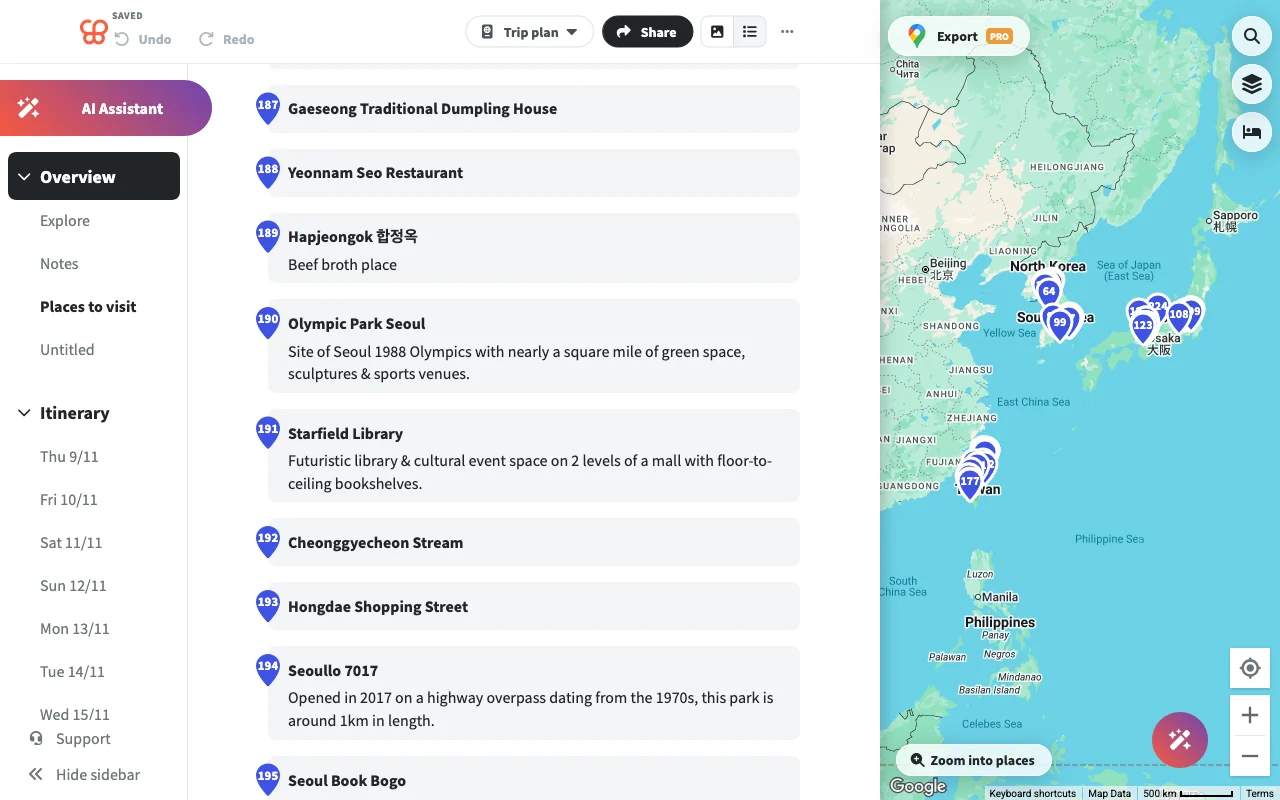 Wanderlog showing a long numbered list of places with the map squeezed into the right of the screen